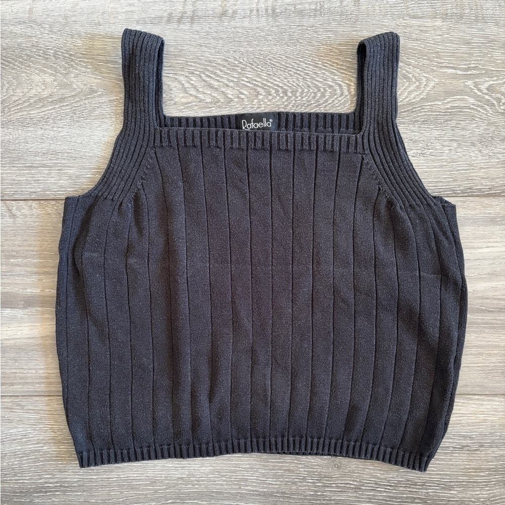Vintage Rafaella Black Ribbed Square Neck Sweater Tank Top 100% Cotton Small